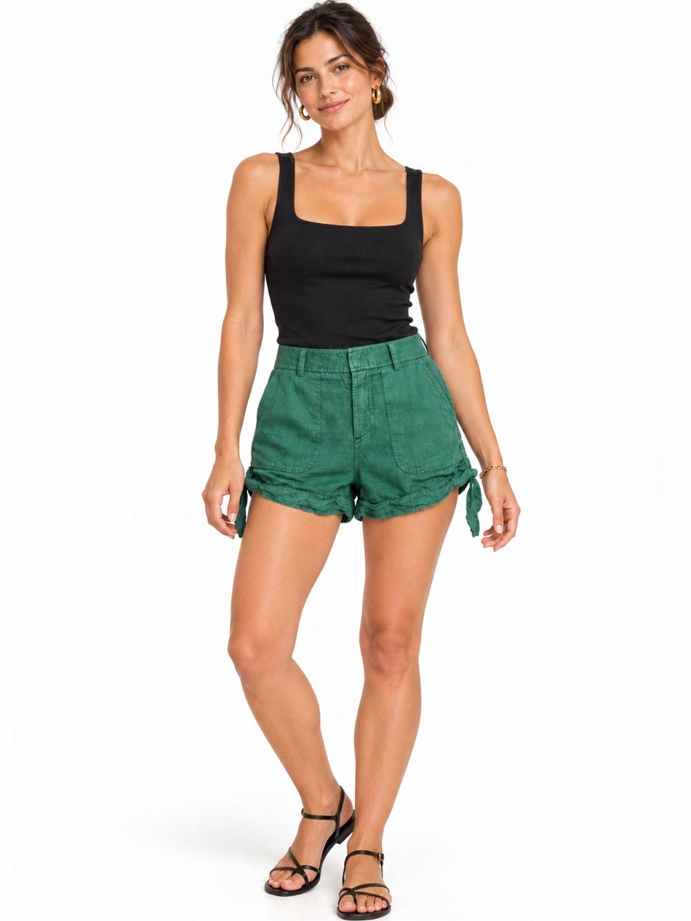 Vince Green Side Tie Shorts Size 10 Ruched Hem Patch Pocket Summer Shorts